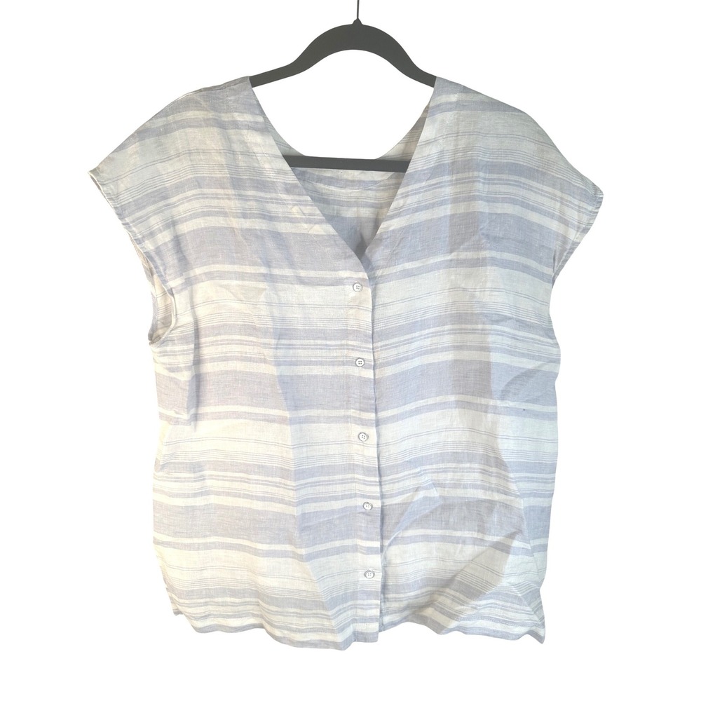 Women's Blue Striped 100% Linen Coastal Button Front V-Neck Cap Sleeve Top Large